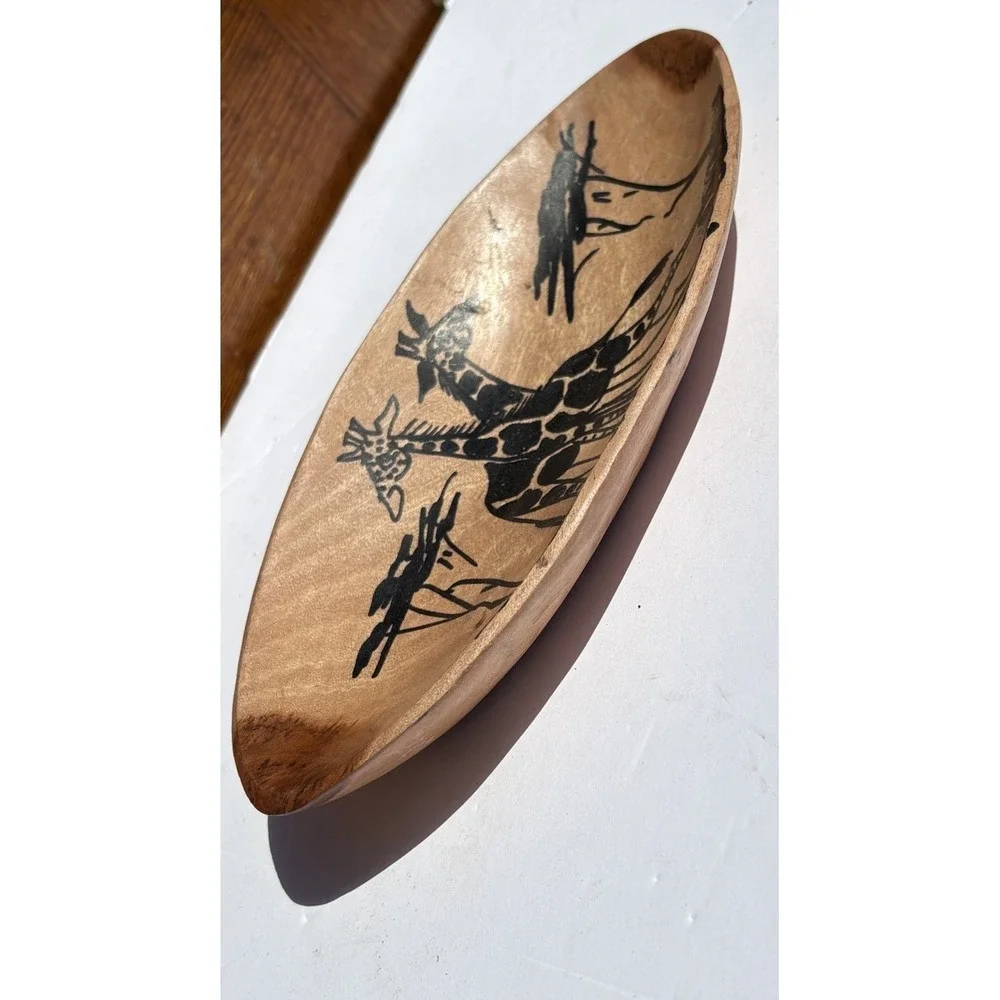 Myrtle Wood Hand Carved Bowl With Giraffes Trinket Dish Hand Painted Safari